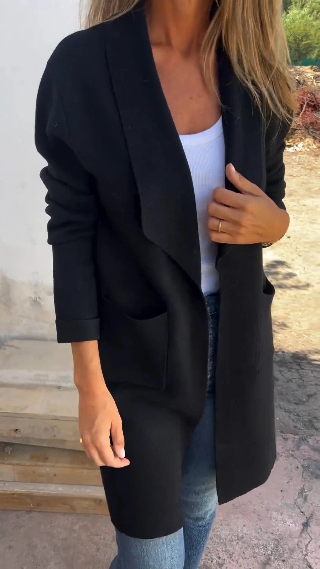 Damen Offener Longcardigan-Mantel mit Schalkragen und Eingrifftaschen Drune