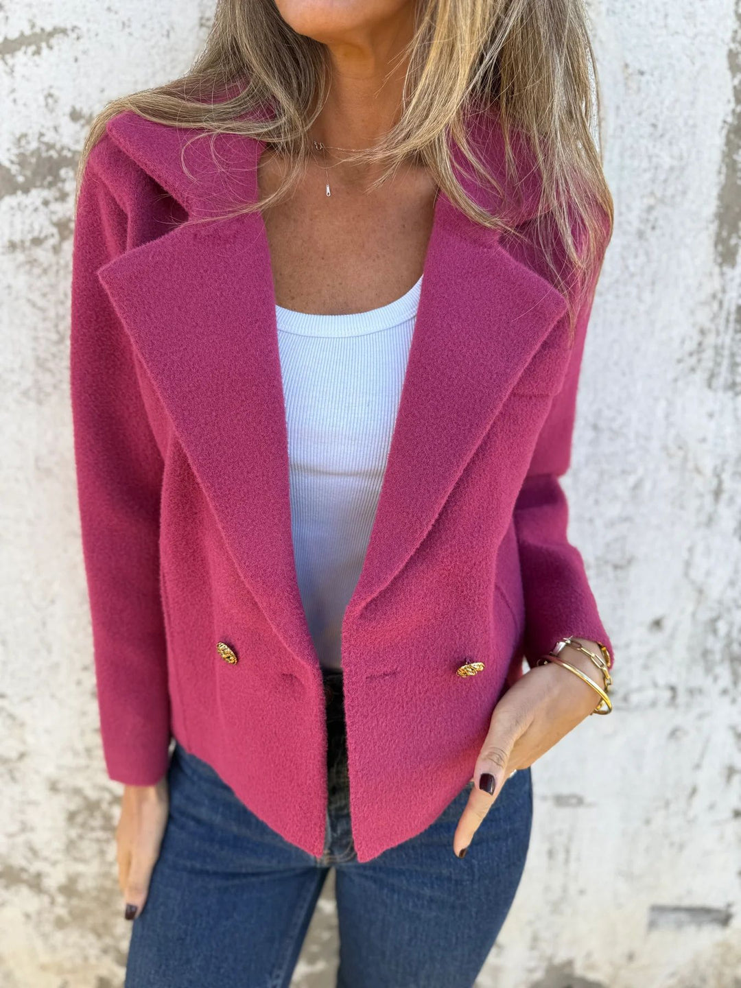 Damen modische Bouclé-Jacke mit doppelter Knopfleiste Drune