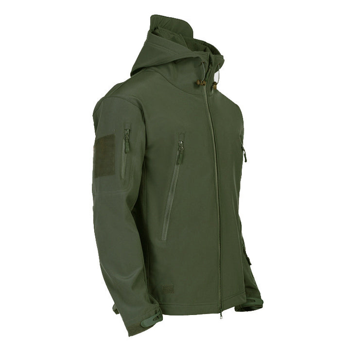 Herren Taktische Softshelljacke mit Kapuze, Tarnmuster und Mehrfach-Reißverschlusstaschen Drune