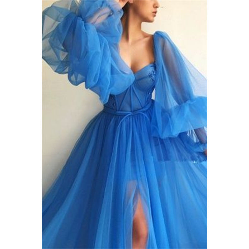 Damen Tüll Abendkleid mit voluminösen Ärmeln und seitlichem Schlitz Drune