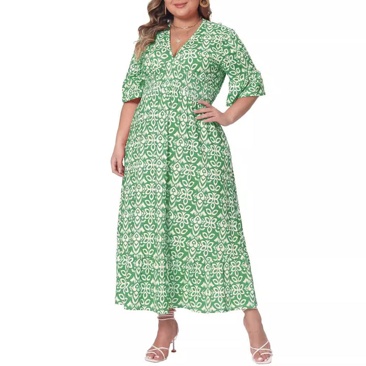Damen Midikleid in A‑Linie mit grafischem Allover‑Print, geraffter Taillenpartie und Volantstufen Drune