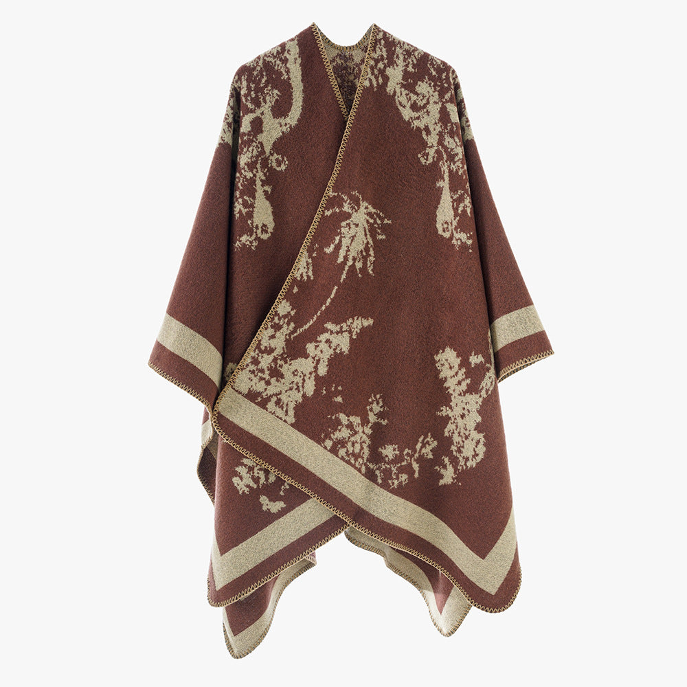 Damen Oversize-Jacquard-Cape aus Wollmix mit abstraktem Blumenmuster Drune
