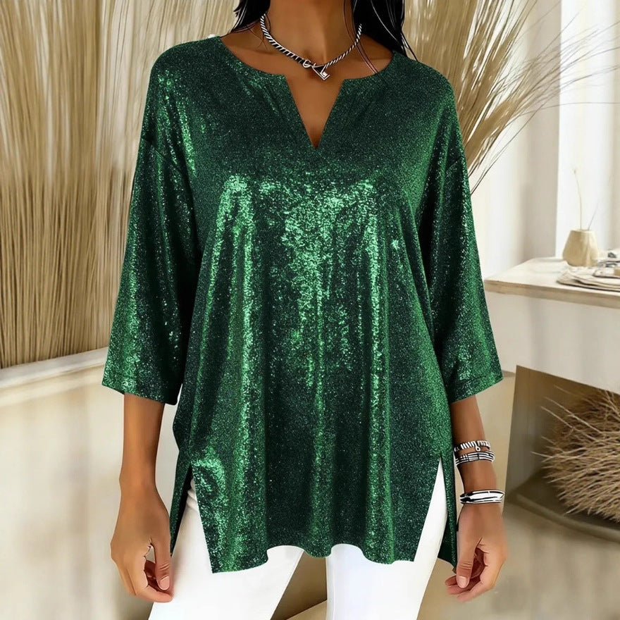 Damen Glitzerndes Oversize-Longshirt mit V-Ausschnitt und seitlichen Schlitzen Drune
