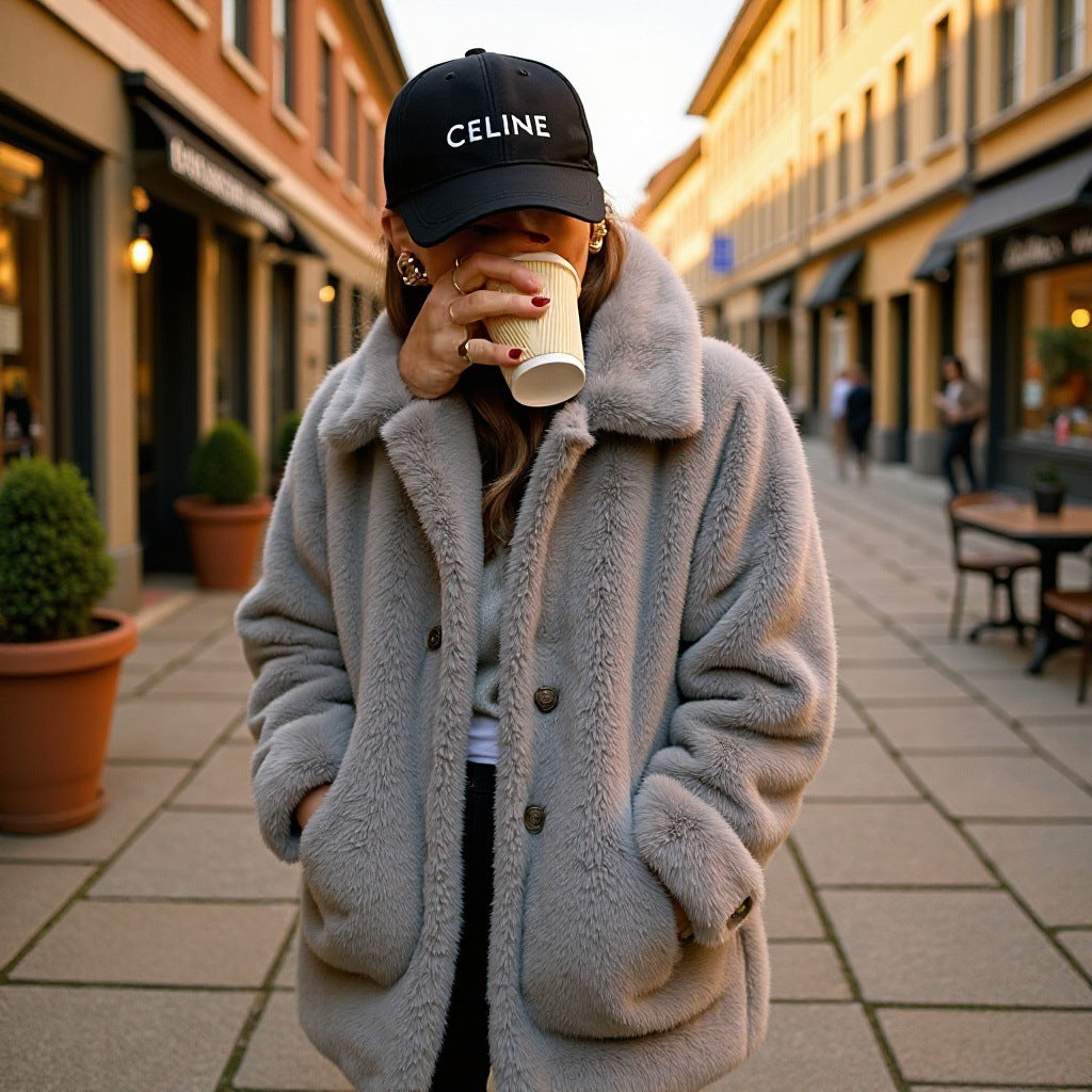 Damen Oversize Kunstfell-Mantel mit Reverskragen, aufgesetzten Taschen und Knopfleiste Drune