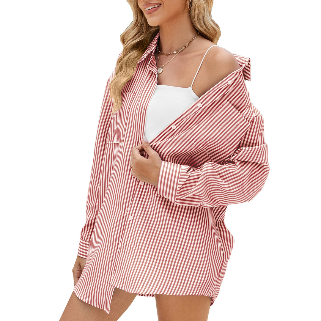 Damen lässiges Oversize-Hemd mit feinem Streifenmuster und Knopfdetails Drune
