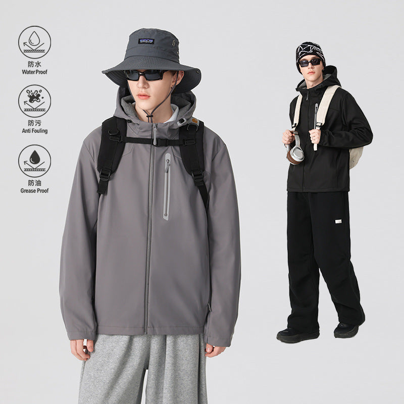 Herren Wasserdichte Softshell-Outdoorjacke mit verstellbarer Kapuze, verschweißten Reißverschlüssen und reflektierender Brusttasche Drune