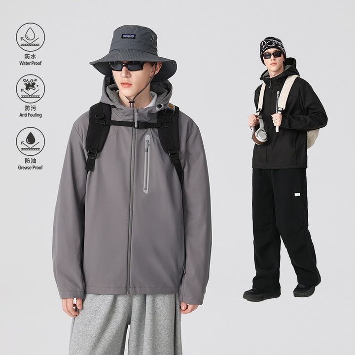 Herren Wasserdichte Softshell-Outdoorjacke mit verstellbarer Kapuze, verschweißten Reißverschlüssen und reflektierender Brusttasche Drune