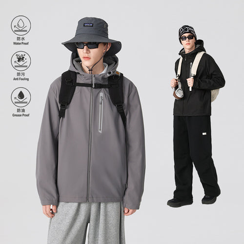 Herren Wasserdichte Softshell-Outdoorjacke mit verstellbarer Kapuze, verschweißten Reißverschlüssen und reflektierender Brusttasche Drune