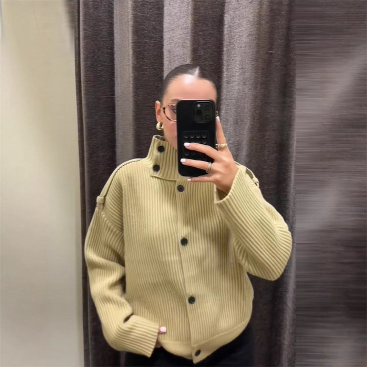 Damen Oversized Strickjacke mit hochschließendem Kragen Drune