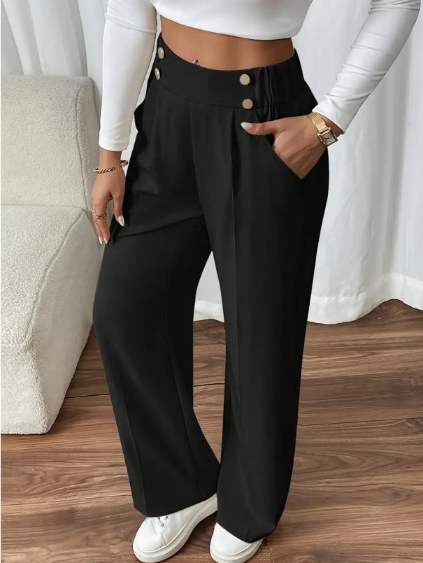 Damen Klassische weite Hose mit Knopfleiste und Taschen Drune
