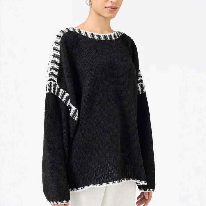 Damen Oversize Grobstrickpullover mit Kontraststreifen an Schultern und Saum Drune