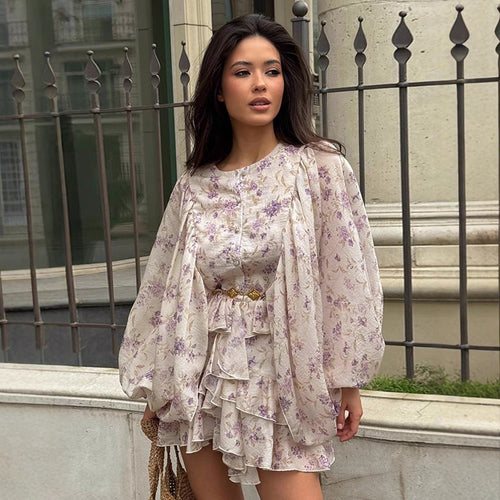Damen Chiffon-Minikleid mit Volantstufen, Ballonärmeln und Ziergürtel Drune