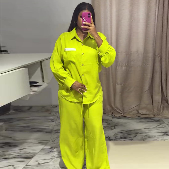 Damen lässiges Zweiteiler Set mit langärmeliger Bluse und weiten Hosen Drune