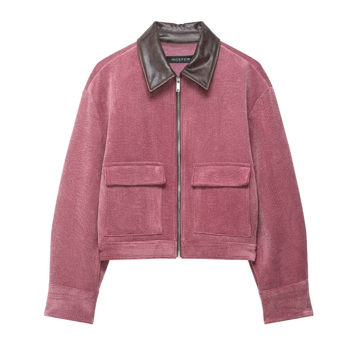 Damen Kurze Cord-Collegejacke mit Kunstlederkragen und aufgesetzten Pattentaschen Drune