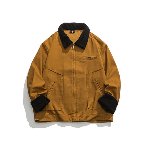 Unisex Boxy-Workwear-Jacke aus Canvas mit Cordkragen, Reißverschluss und aufgesetzten Pattentaschen Drune