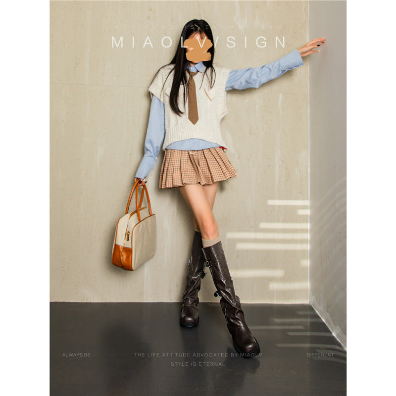 Damen kniehohe Slouch-Boots aus Kunstleder mit verstellbaren Schnallen und profiliertem Plateau-Absatz Drune