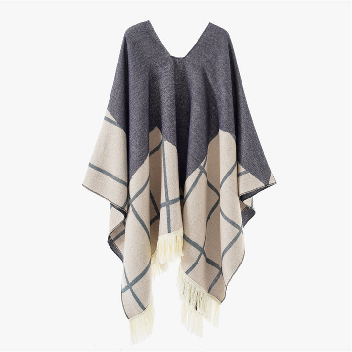 Damen Ornamentaler Jacquard‑Poncho mit V‑Ausschnitt und Fransensaum Drune