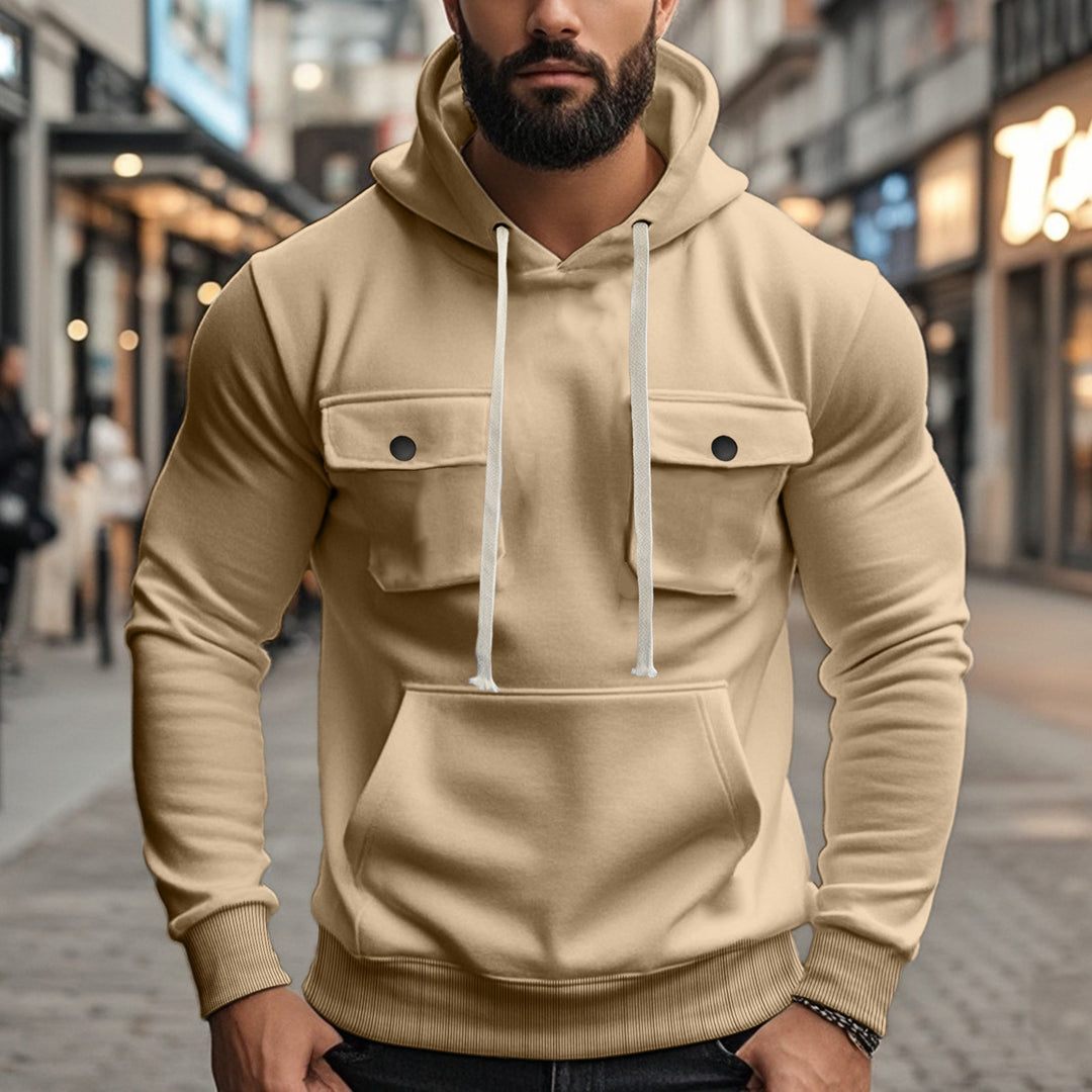 Herren modischer Hoodie mit aufgesetzten Taschen und kontrastierenden Kordeln Drune