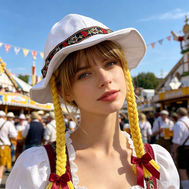 Damen nan folklorischer Sonnenhut mit dekorativem besticktem Band und langen geflochtenen Zöpfen Drune