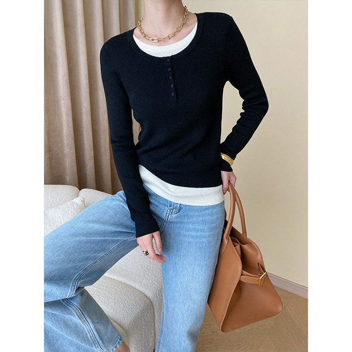 Damen Langarmshirt mit Knopfdetails und modischem V-Ausschnitt Drune