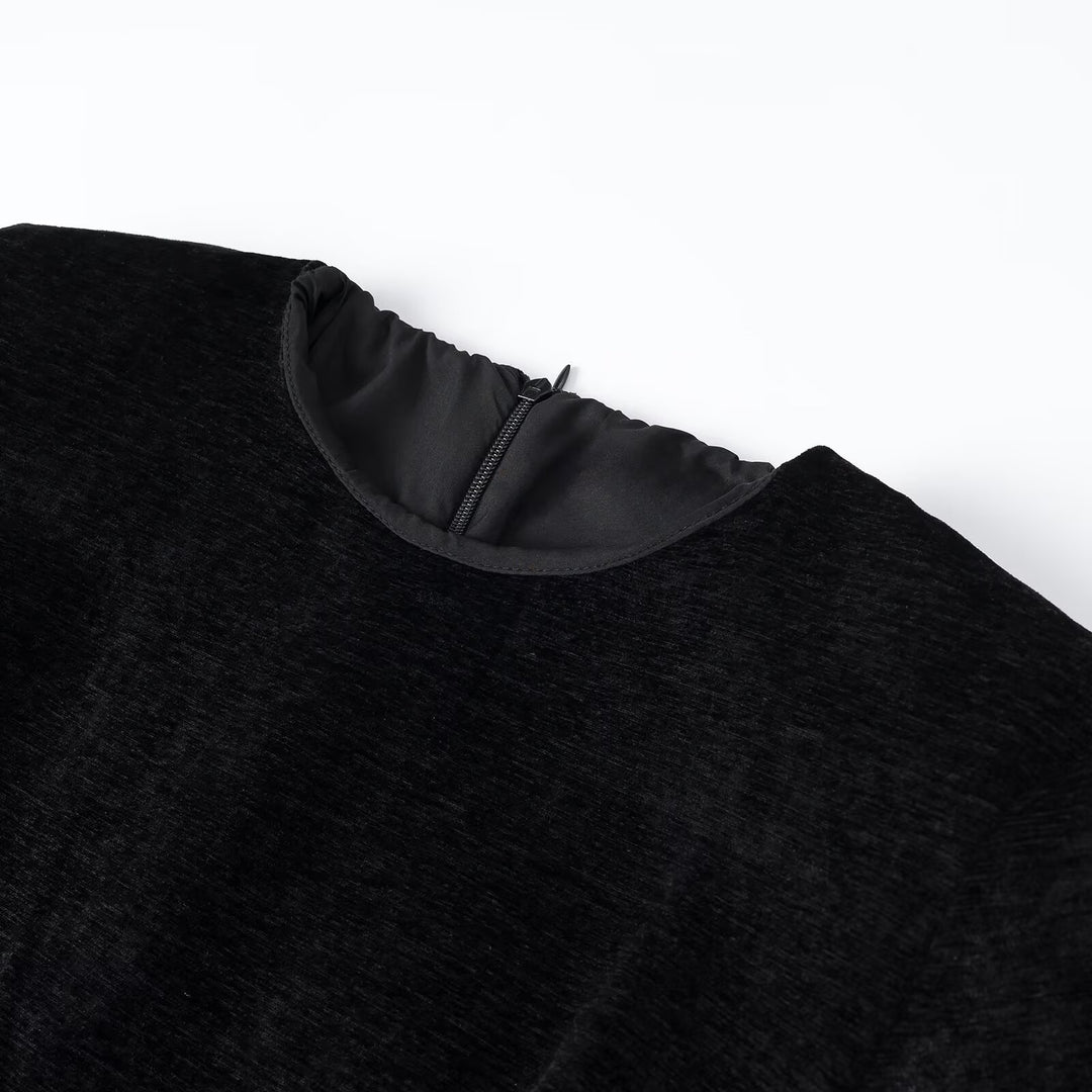 Damen Samt-Midikleid mit kurzen Ärmeln und gestuftem Plisseerock Drune