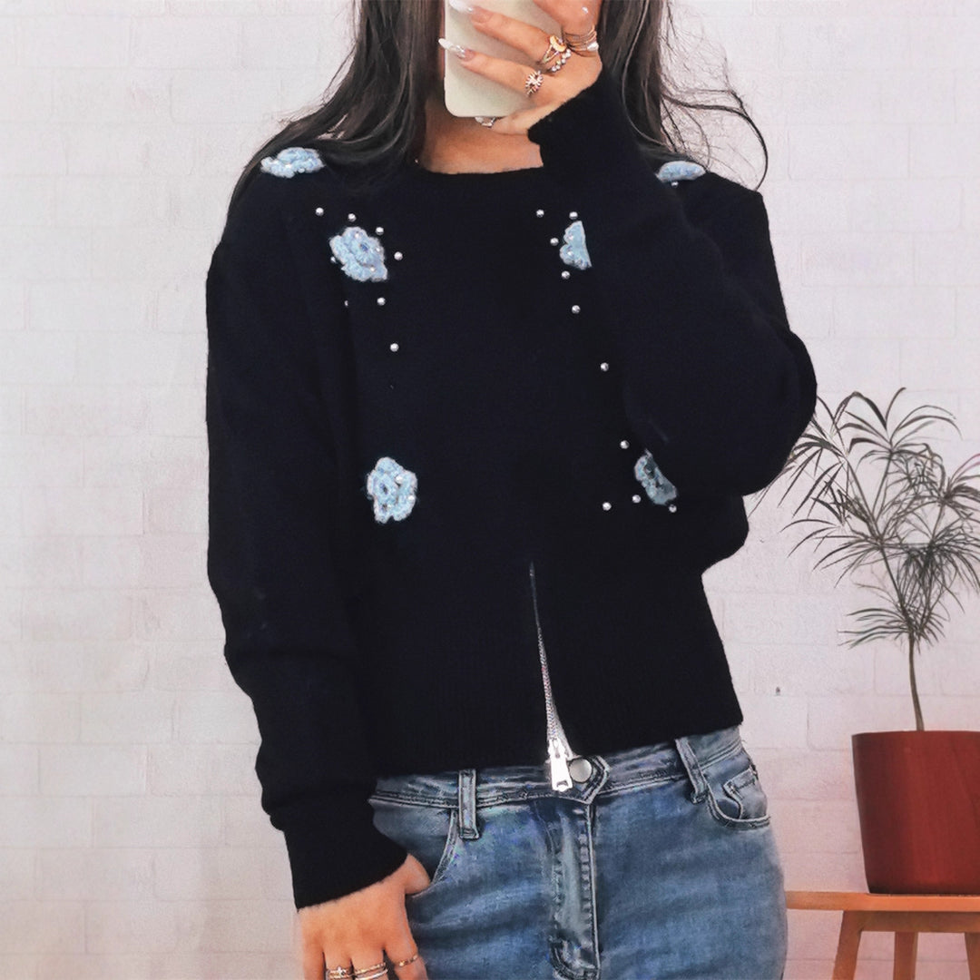 Damen modischer Strickpullover mit floralen Applikationen und dekorativen Perlen Drune