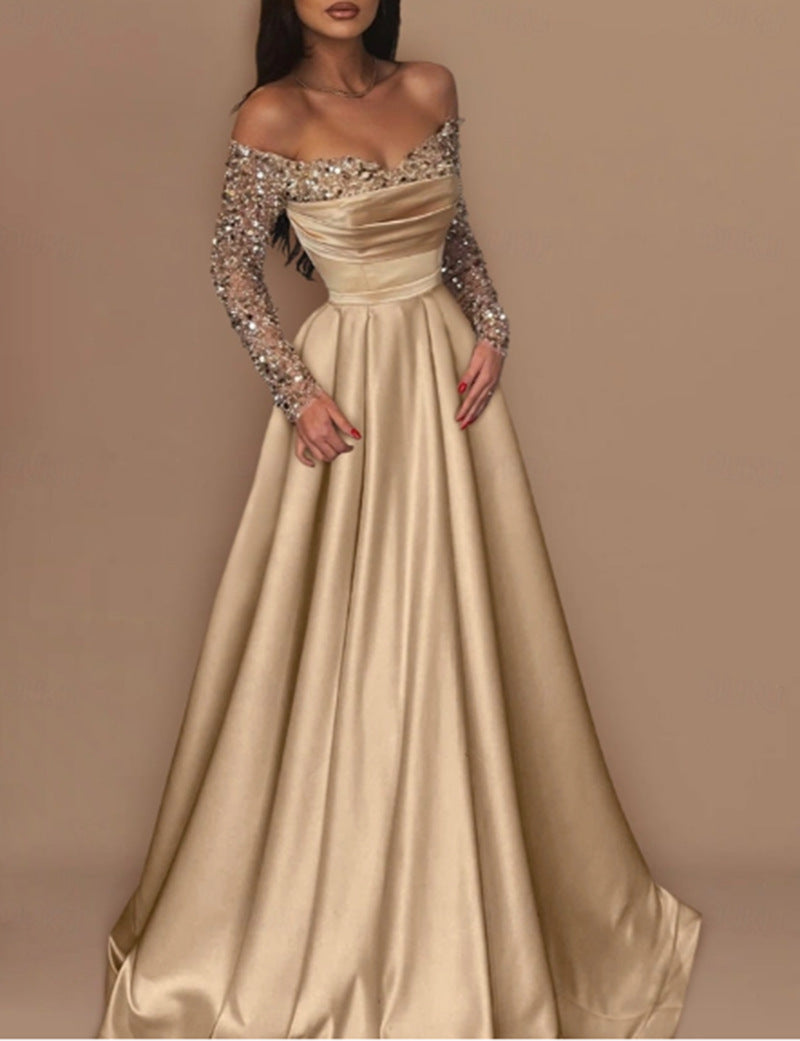 Damen Elegantes Ballkleid mit schimmerndem Oberteil und langen, bestickten Ärmeln Drune