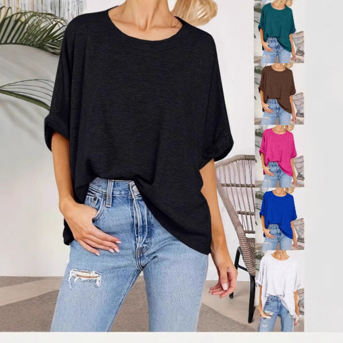 Damen Oversize-Longshirt mit weitem U-Boot-Ausschnitt und geknoteten Dreiviertelärmeln Drune