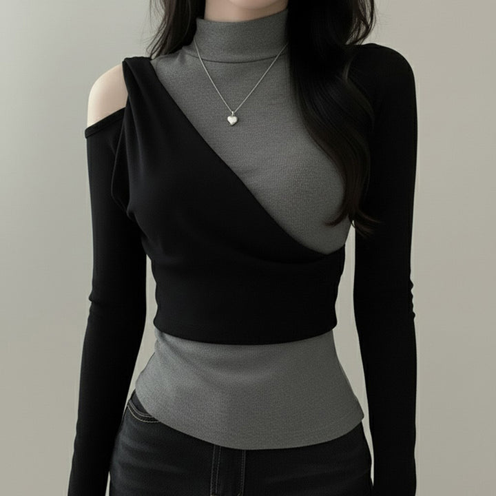 Damen Asymmetrisches Langarmtop mit Stehkragen, Cut-Out‑Schulter und Lagenoptik Drune
