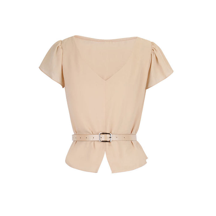 Damen Blusenshirt mit Taillengürtel und elegantem V-Ausschnitt Drune