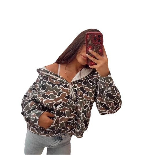 Damen Oversize Kapuzen-Half-Zip-Sweatshirt mit gefütterter Kapuze und Allover-Print Drune