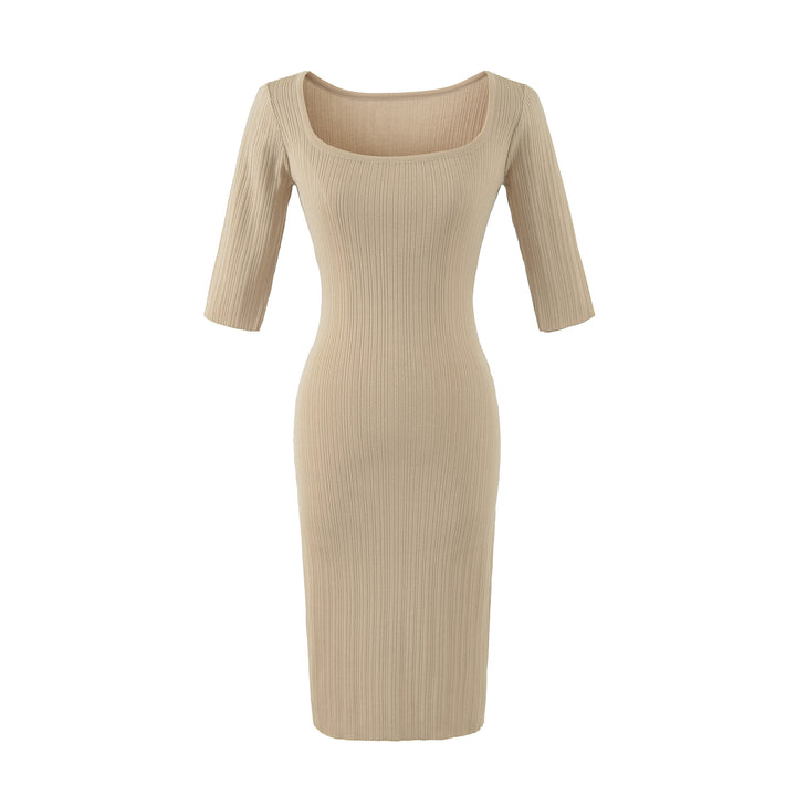 Damen Geripptes Midikleid mit quadratischem Ausschnitt und dreiviertelärmeln Drune