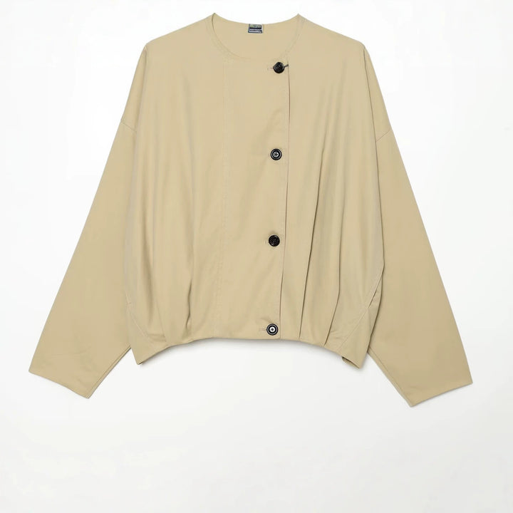 Damen Kurze wasserabweisende Cape‑Jacke mit hohem Stehkragen und verdeckter Knopfleiste Drune