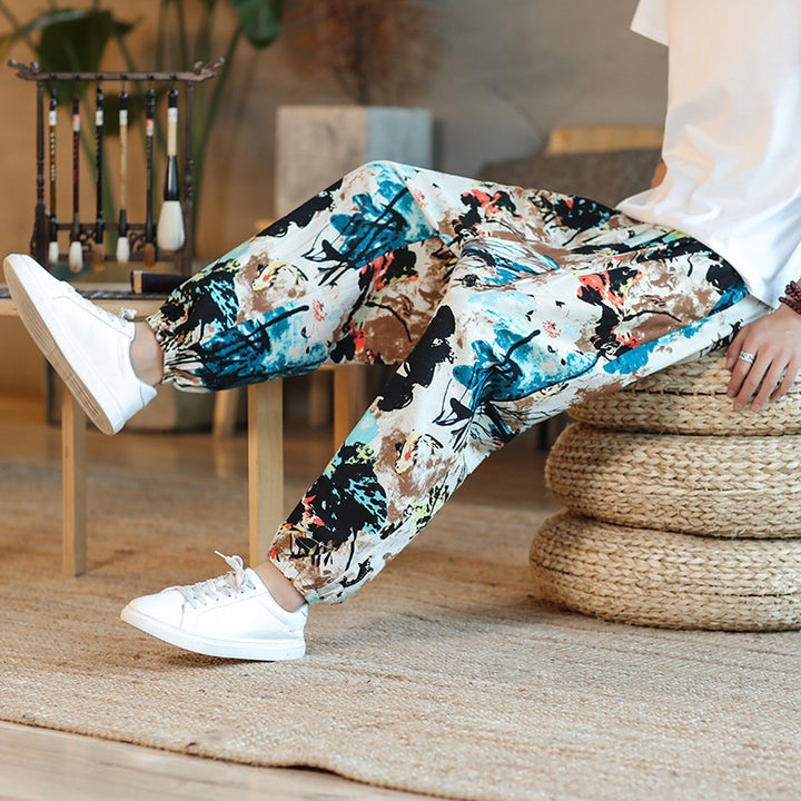 Herren Weite Haremshose im Boho-Print mit elastischem Tunnelzug und gekräuseltem Knöchelbund Drune