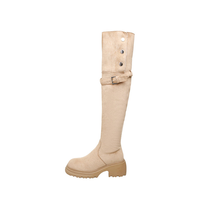 Damen kniehohe Worker‑Stiefel mit umklappbarem Teddy‑Bündchen und sculpted Plateau‑Absatz Drune