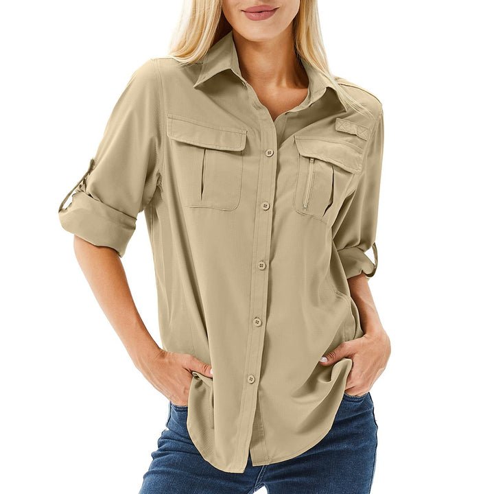 Damen lässige Bluse mit praktischen Taschen und umschlagbaren Ärmeln Drune