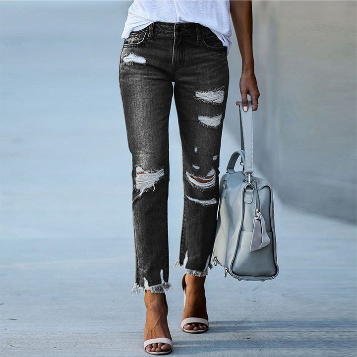 Damen Ripped High-Waist Jeans mit fransigem Saum und modischen Destroyed-Details Drune