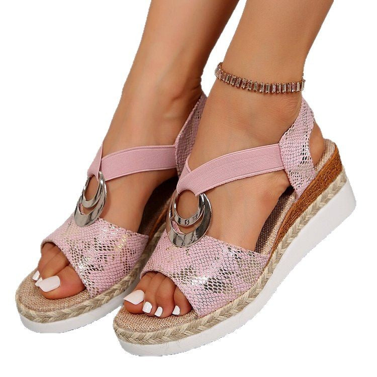 Damen Keil-Sandalen mit Bast-Plateau, elastischem Riemen und Zier-Öse Drune