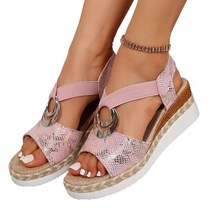 Damen Keil-Sandalen mit Bast-Plateau, elastischem Riemen und Zier-Öse Drune