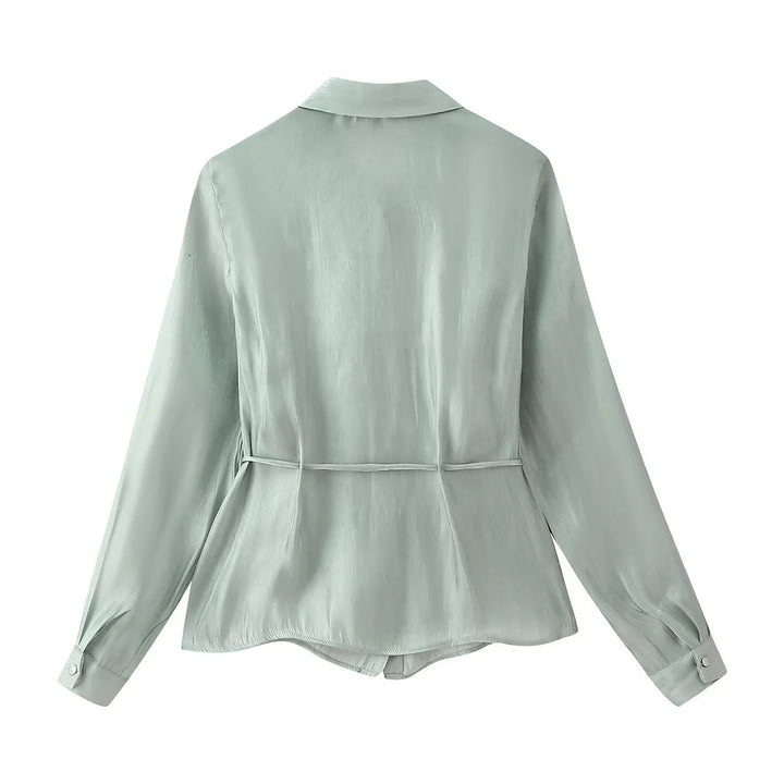 Damen nan seidenähnliche Taillierte Hemdbluse mit Bindegürtel und verdeckter Knopfleiste Drune