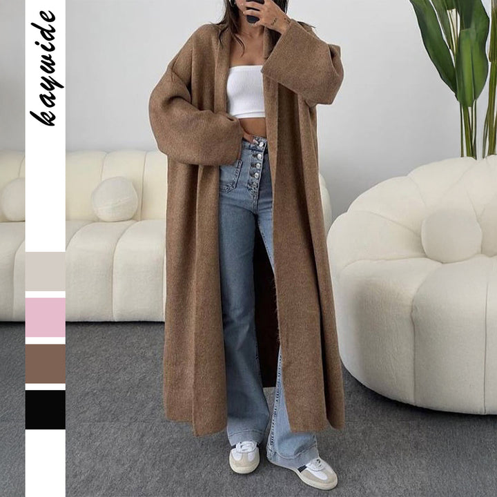 Damen nan extra-langer Oversize-Strickmantel mit offenem Schnitt, weiten Ärmeln und Kimonokragen Drune