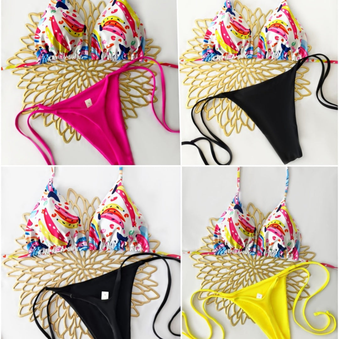 Damen Bikini-Set mit buntem Obstmuster und seitlichem Knoten Drune