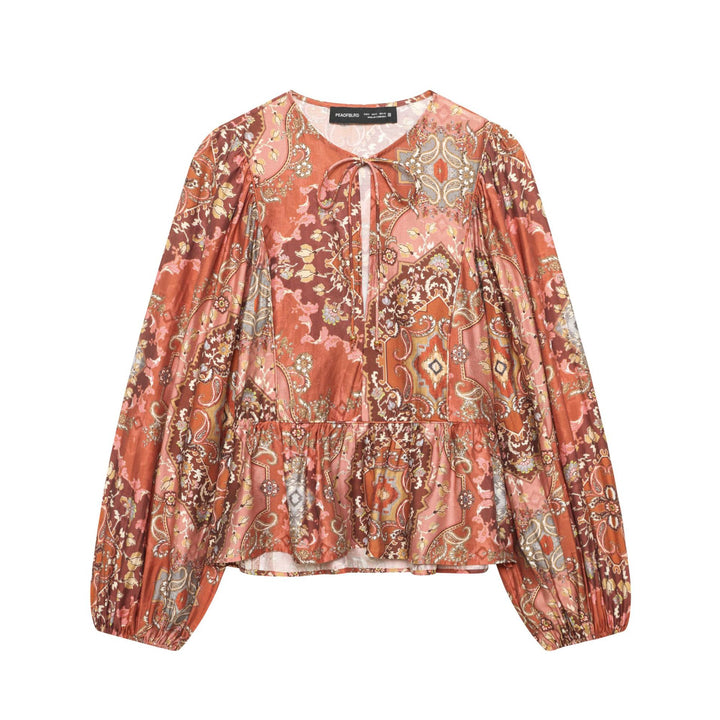 Damen nan Boho-Bluse mit Paisley-Print, Bindeband-Ausschnitt, geraffter Taille und voluminösen Ballonärmeln Drune