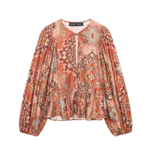 Damen nan Boho-Bluse mit Paisley-Print, Bindeband-Ausschnitt, geraffter Taille und voluminösen Ballonärmeln Drune