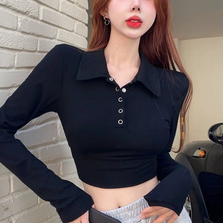 Damen Langarm Crop-Top mit klassischem Kragen und Druckknöpfen
