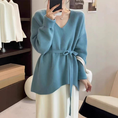 Damen Strickjacke mit Taillengürtel und V-Ausschnitt Drune