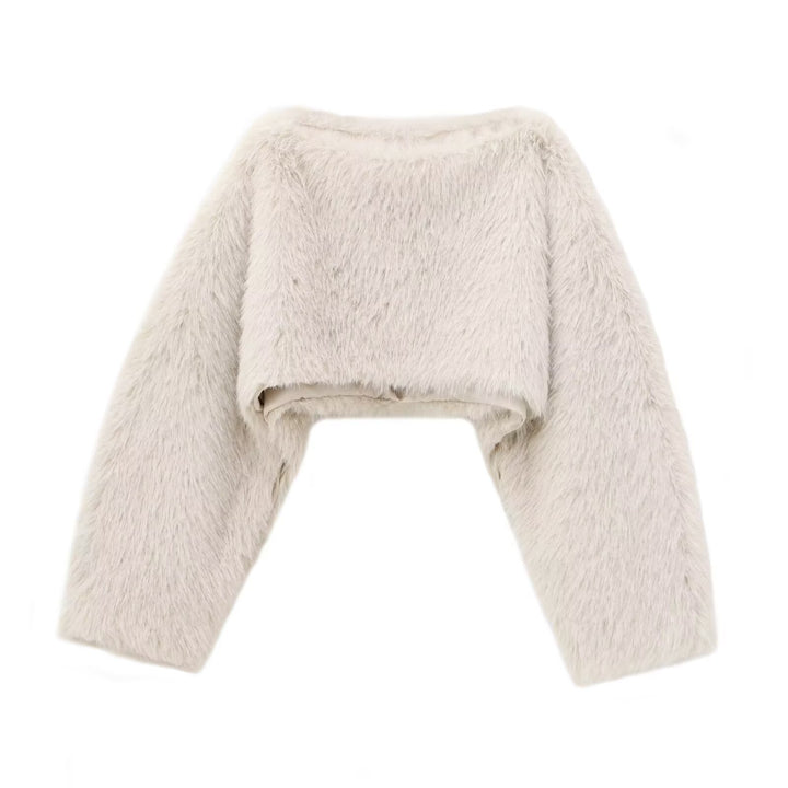 Damen nan kuscheliger Cropped-Fellpullover mit weitem Bootneck und voluminösen Ärmeln Drune