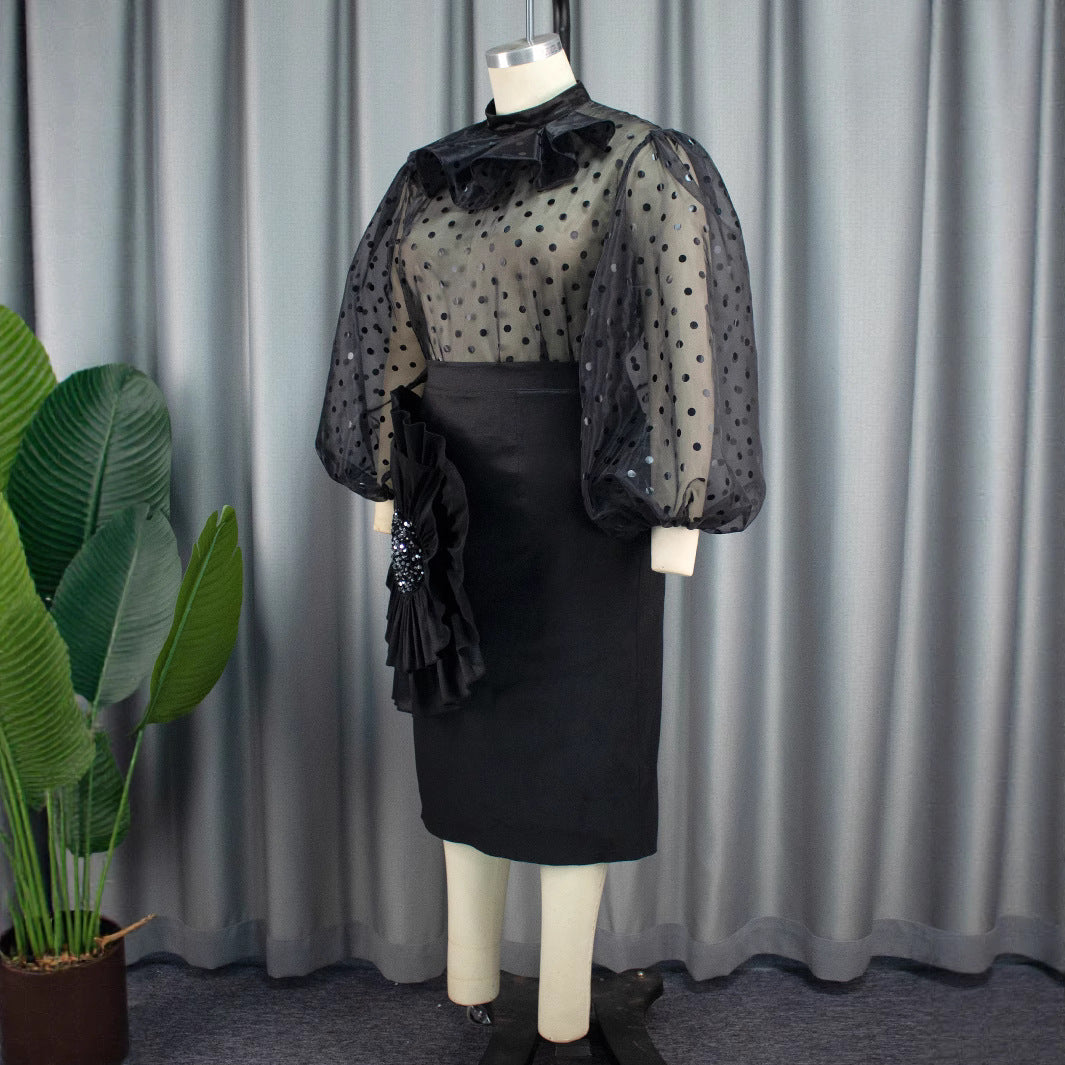 Damen Elegantes Kleid mit transparenten Puffärmeln und Rüschenakzent Drune