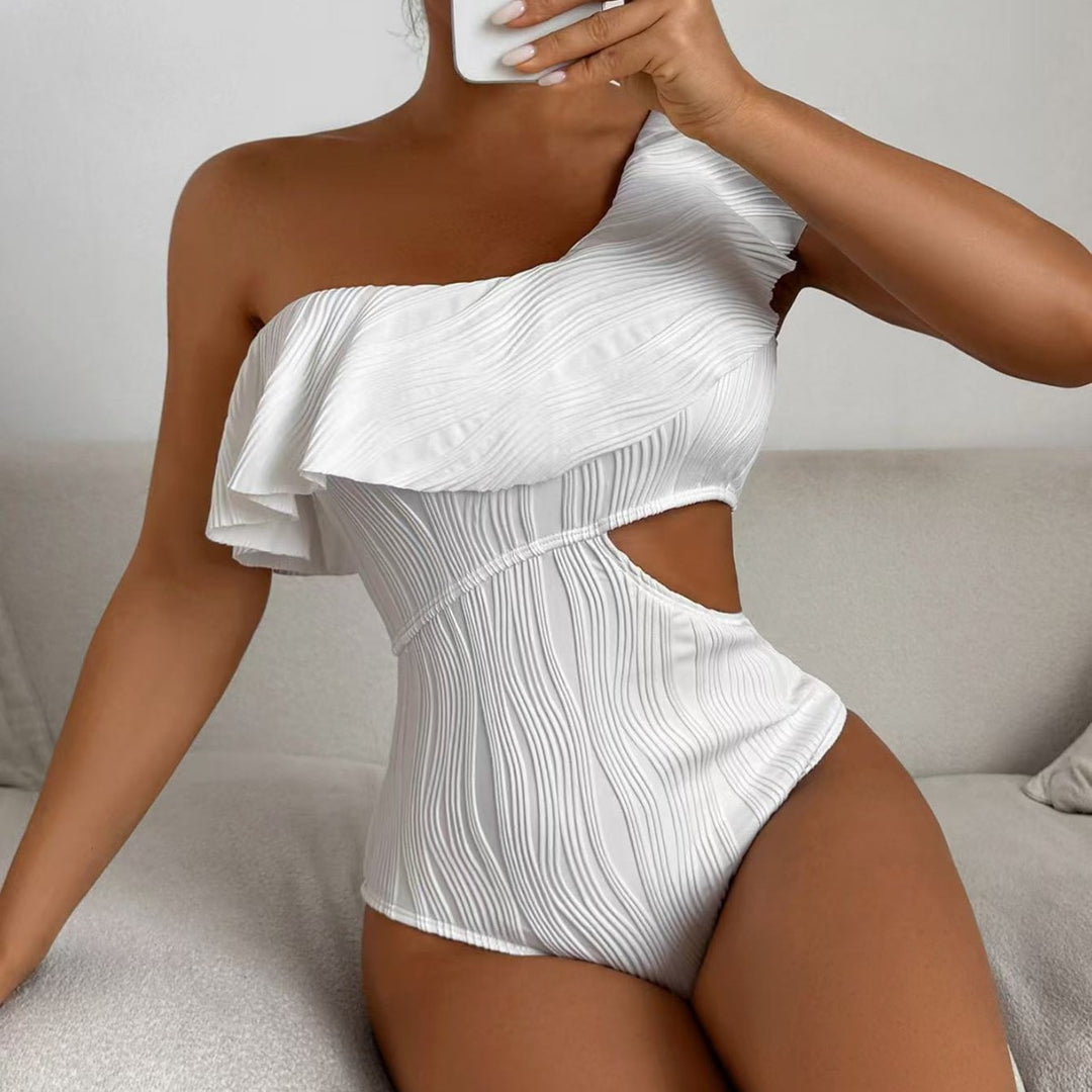 Damen Einteiler Badeanzug mit asymmetrischem Schnitt und geschwungenen Rüschendetails Drune