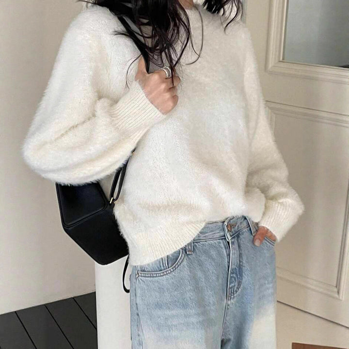 Damen Kurzgeschnitteter Flauschpullover mit Ballonärmeln und Rundhalsausschnitt Drune